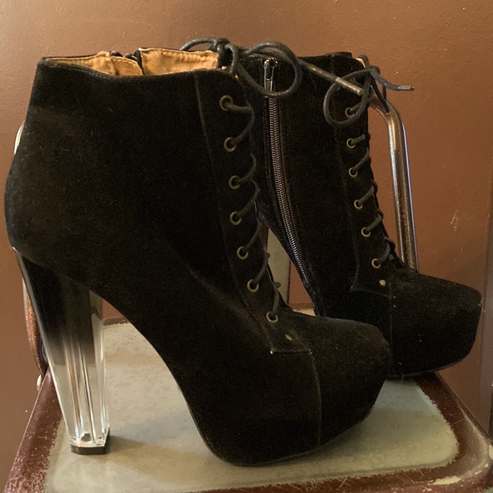 FRH Black Velvet Clear Heel Booties